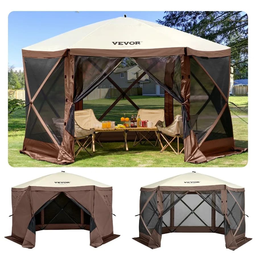 Tenda da campeggio pop-up a 6 lati 3x3 m con finestre in rete, tenda parasole da esterno beige, design portatile con borsa per il trasporto