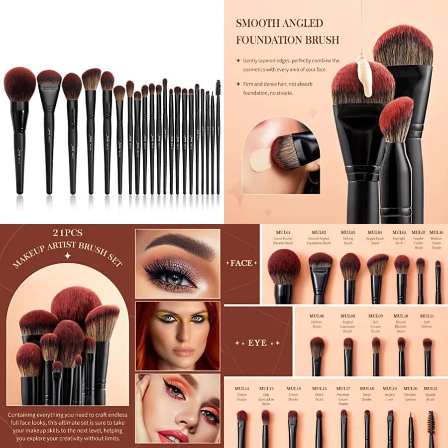 Set di Pennelli da Trucco Premium Sintetici per Fondotinta, Illuminante, Correttore, Ombretto, Sfumatura, Sopracciglia, Eyeliner e Spoolie - Set B