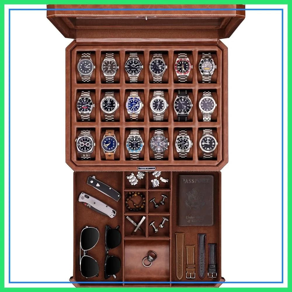 Scatola portaorologi a 18 scomparti con cassetto – Coperchio in vero vetro, espositore con serratura per uomo (Marrone chiaro/Marrone)