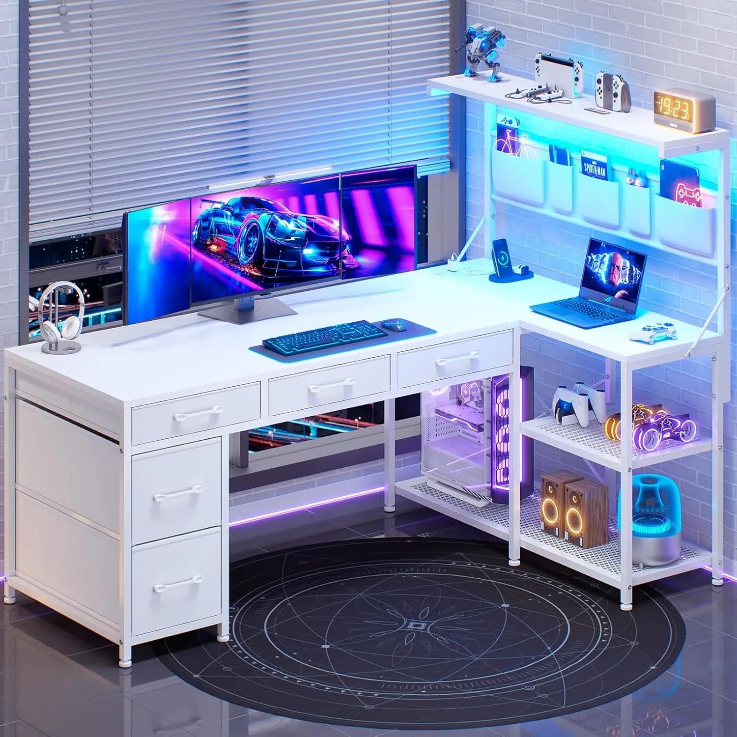 Scrivania angolare per computer, scrivania per computer a forma di L reversibile con cassetti in tessuto e presa di corrente, scrivania da gaming da 47,2 pollici, personalizzabile