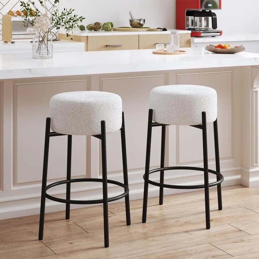 Bar Stools Girevoli Height Bench, Modern Non Back Stools for Kitchen Bench, Bouclé Fabric Island Chairs with Bearing Thick 6.7 Inches