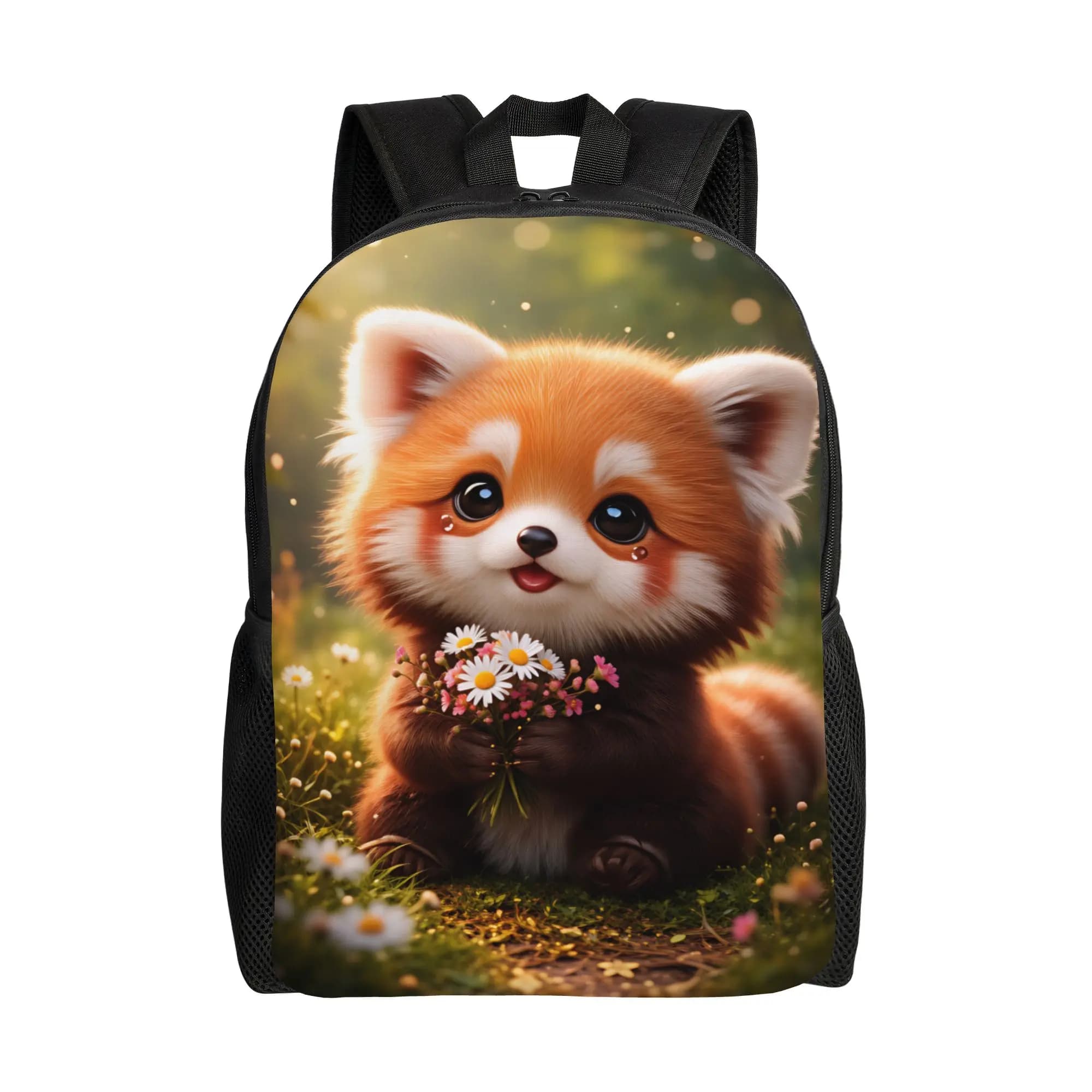 Zaino Kawaii con Panda Rosso che Tiene un Bouquet di Fiori, Zaino da Viaggio in Poliestere per Adolescenti, Morbido Zaino Scolastico Kawaii