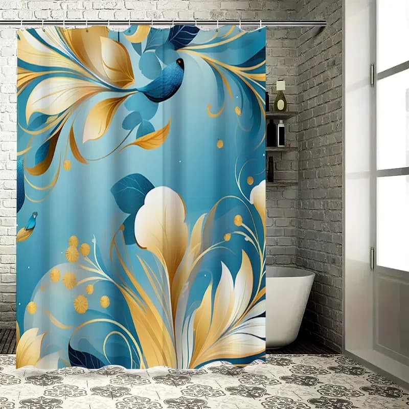 Tenda da doccia moderna con stampa floreale in oro blu per l'arredamento del bagno Baldacchino decorativo per la casa impermeabile