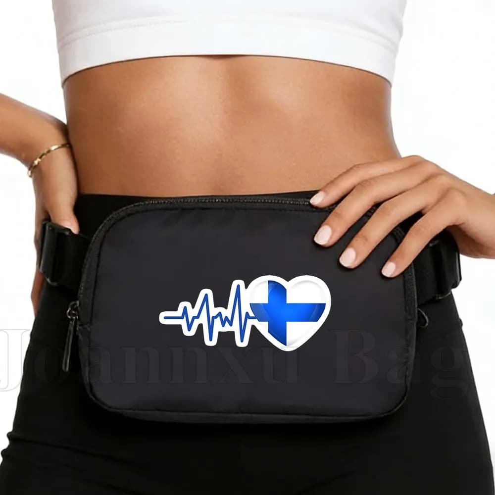 HEARTBEAT FINLAND FLAG Waterproof Women's Sports Waist Bag for Running, Cycling, Gym, Jogging, With Phone and Wallet