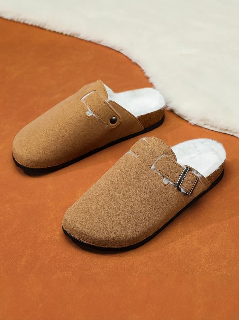 Men's Winter Slippers Fleece Lined Slip on Home Office Anti Slip Slippers Synthetic Leather Upper Warm Thick Heel