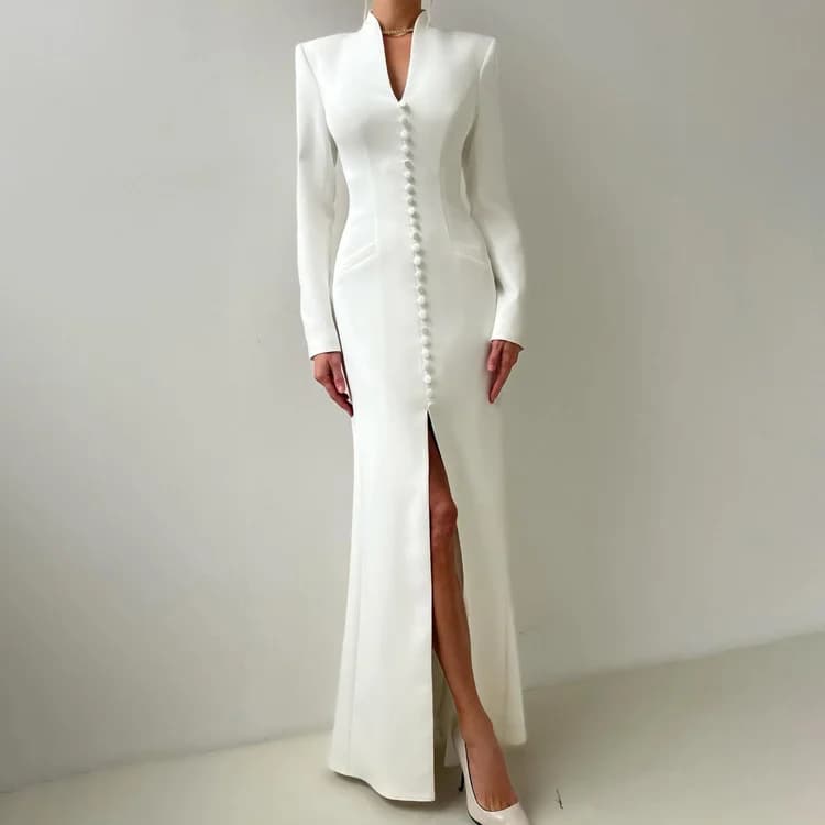 Sexy Slim Women's Dress 2025 Fashion V-Neck Long Sleeve Ankle Length Dresses Elegant Classic Slit Female Dress Robe De Soiree