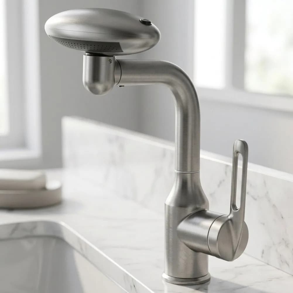 Gunmetal Finish Sink Faucet for Bathroom Use with Rain Waterfall Aerated Stream and Up Spray Outputs and Full Spout Rotation