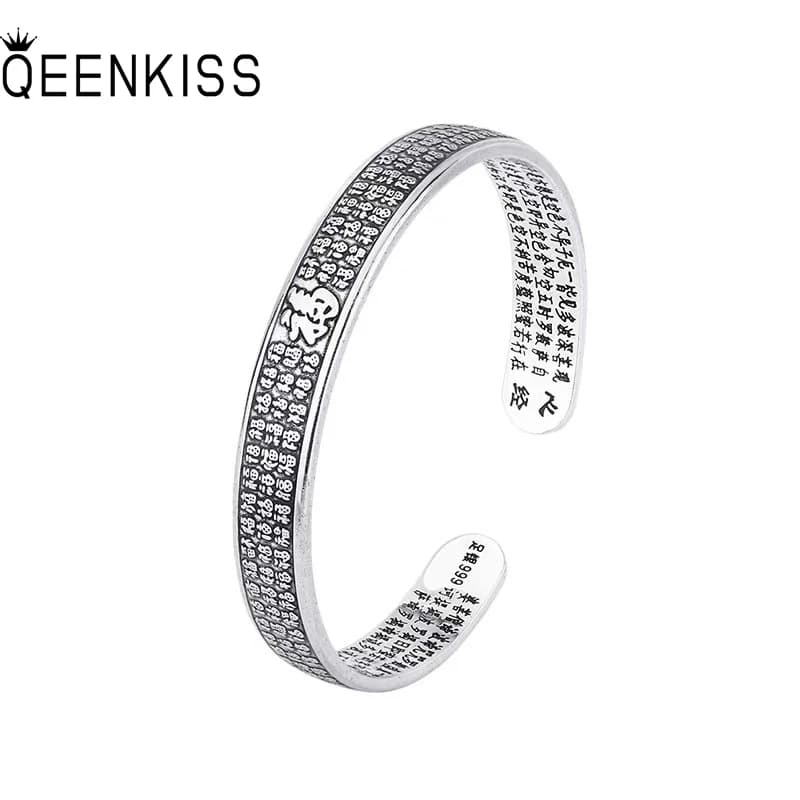 QEENKISS 925 Sterling Silver Vintage FU Bracciale Bangle Per Le Donne Festa di Compleanno Matrimonio Di Natale Sposa Madre Signora Regalo BT6180