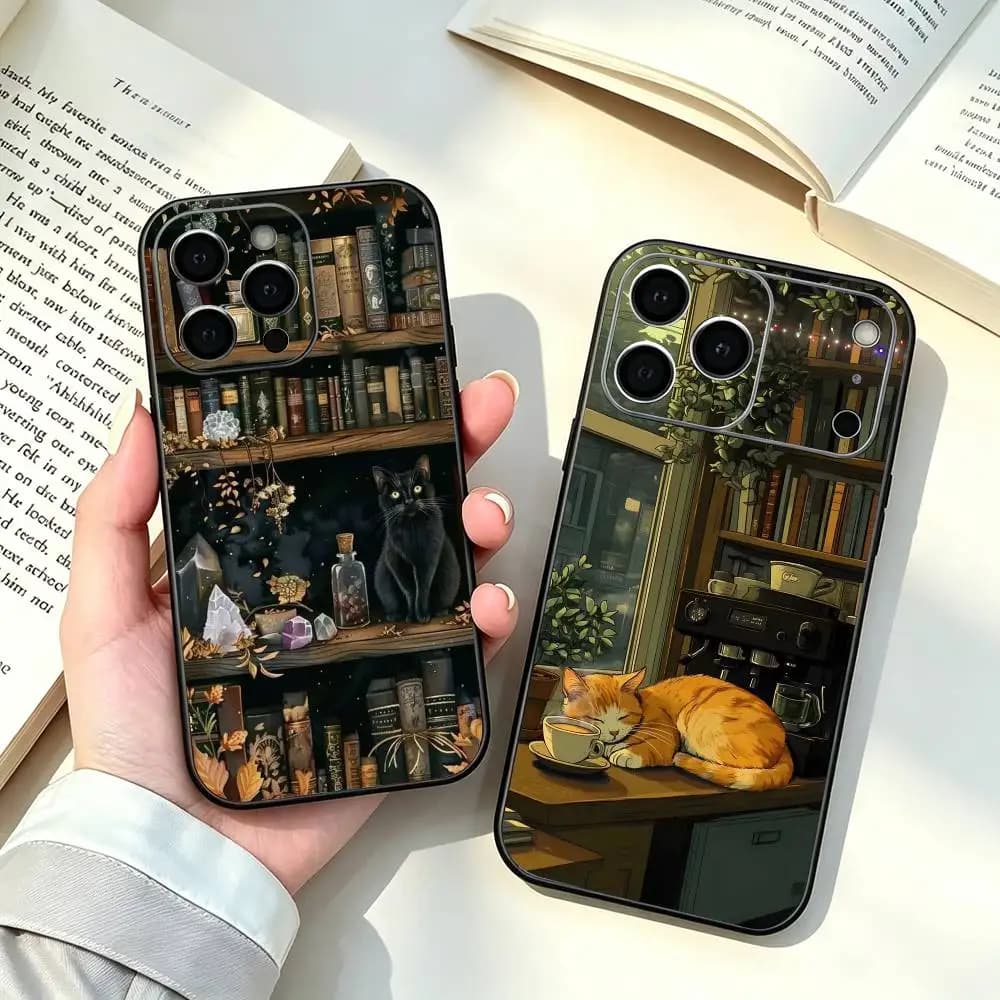 Dark Academia Library Cat Phone Case Silicone Soft For IPhone 17 16 15 14 13 12 11 X XR Plus Pro Max Plus