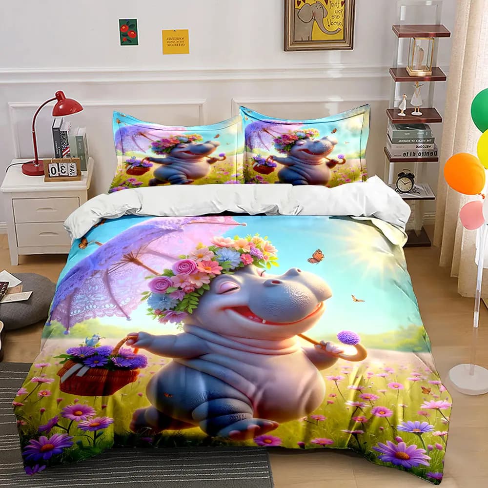 Set di biancheria da letto con stampa di ippopotamo con corona floreale che passeggia nella primavera, morbido e confortevole, include 1 copripiumino e 2 federe.