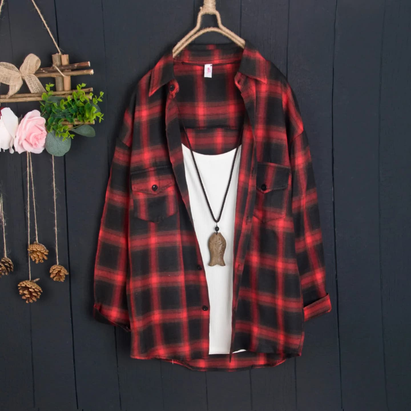Giacca camicia scozzese di media lunghezza allentata esterna stile casual top a maniche lunghe camicia in cotone e lino Camicette da donna Primavera ed estate