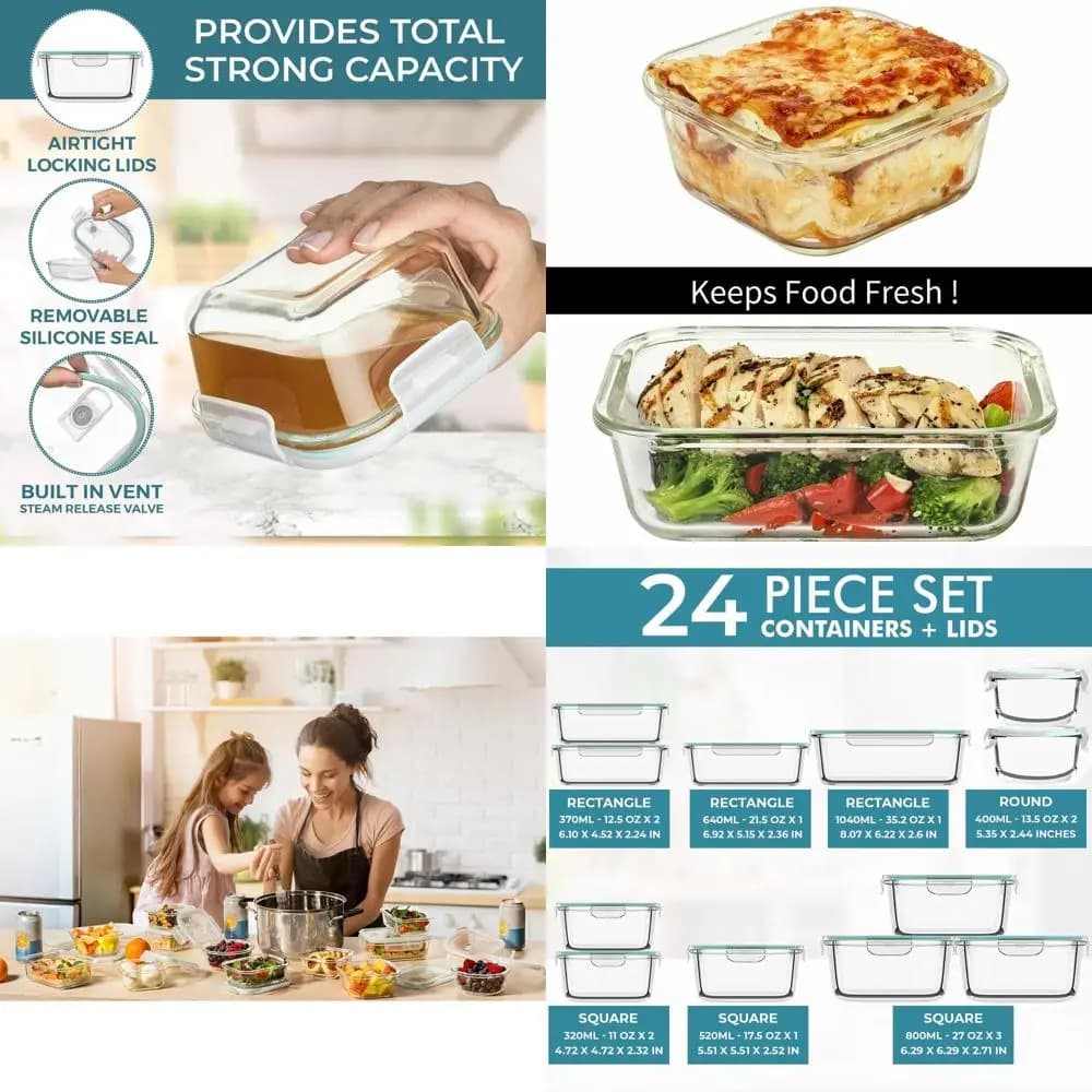 Contenitori per la preparazione dei pasti in vetro da 24 pezzi con coperchi ermetici - Cassaforte per forno e congelatore - Scatole Bento senza BPA per riporre oggetti a prova di perdite