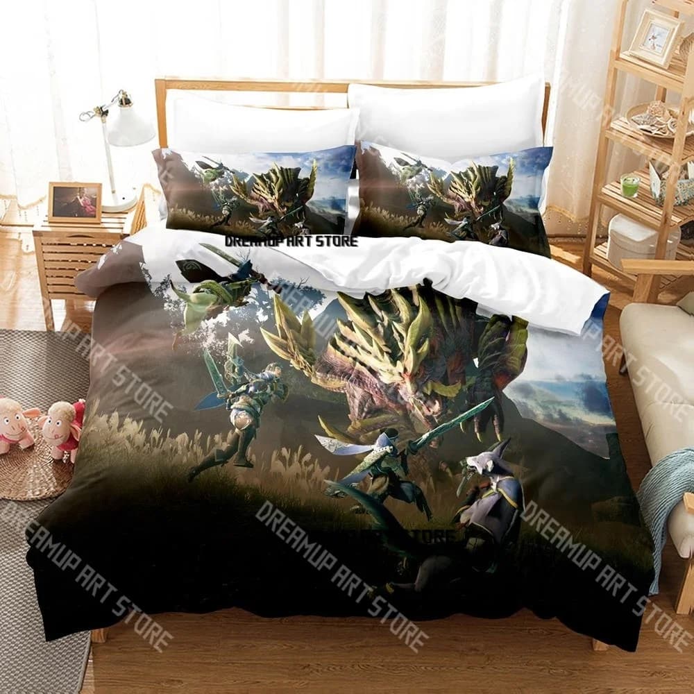 Fashion Monster Game Hunter Rise Bedding Set Single Twin Full Queen King Size Bed Set Kids Bedroom Duvetcover Sets Bed Sheet Set