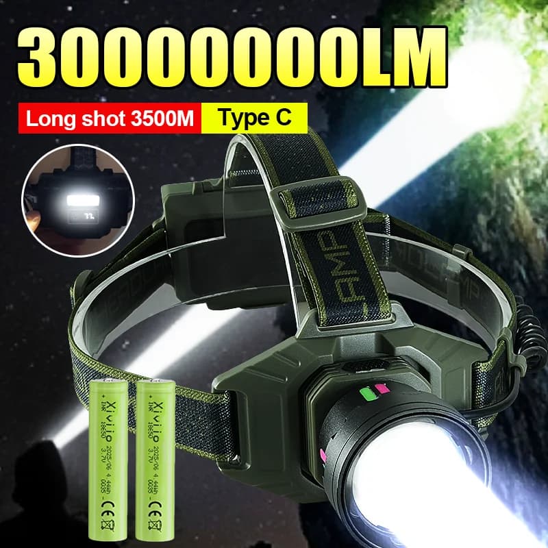 2025 Lampada frontale a LED più potente Tipo c Faro ricaricabile 30000000LM Torcia frontale a fluorescenza super luminosa Lanterna da campeggio