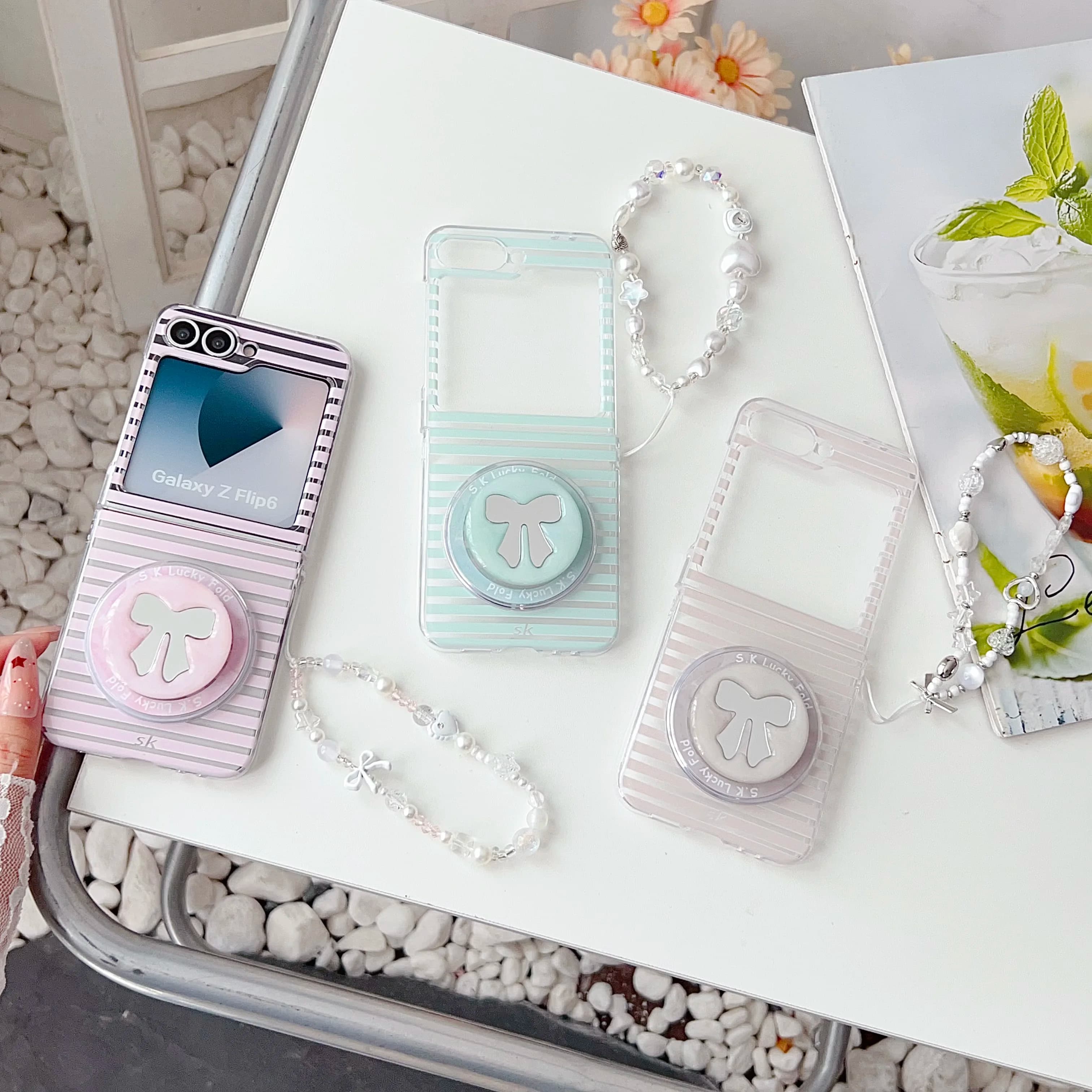 Back Cover For Samsung Galaxy Z Flip 7 6 5 Case Stripe Bowknot Bracket Magnetic Attraction Bracelet Wristband Chain Phone Case
