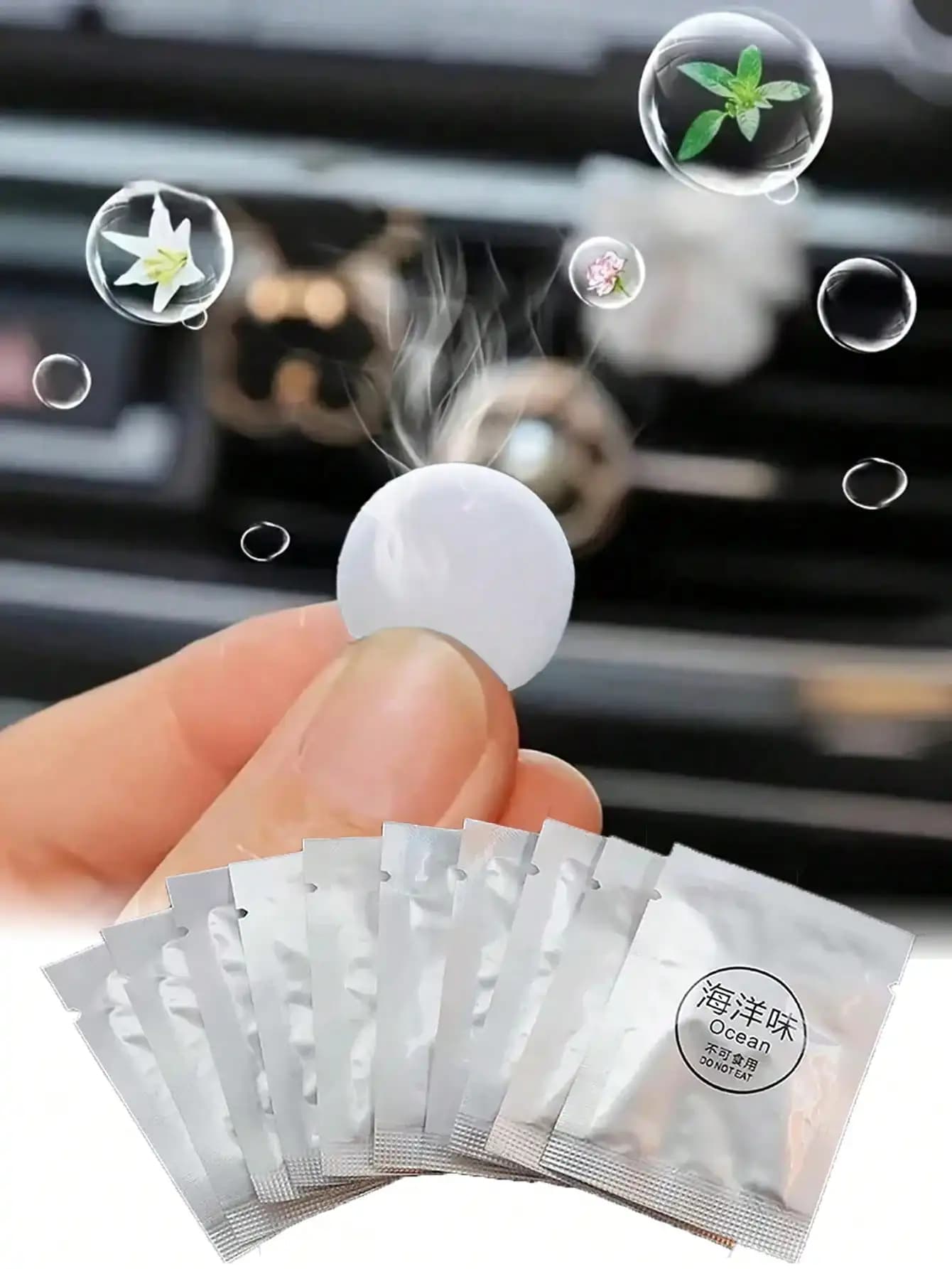 5 fogli di ricarica per deodorante per auto - Profumi di limone, pesca, colonia, oceano e lavanda, che mantengono il viaggio fresco e piacevole. Foglietti profumati solidi di ricambio per l'aria condizionata dell'auto, possono essere agganciati all'interno del veicolo.
