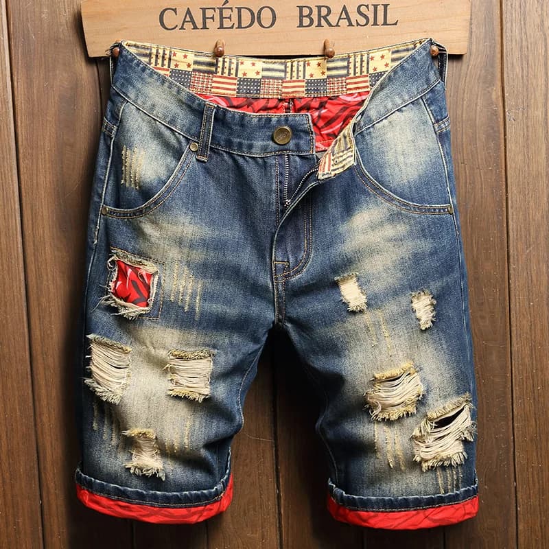 2025 Men's summer torn jeans shorts with wide knee joints Short casual Jeans Personality Streetwear Hip Hop Male Dresses