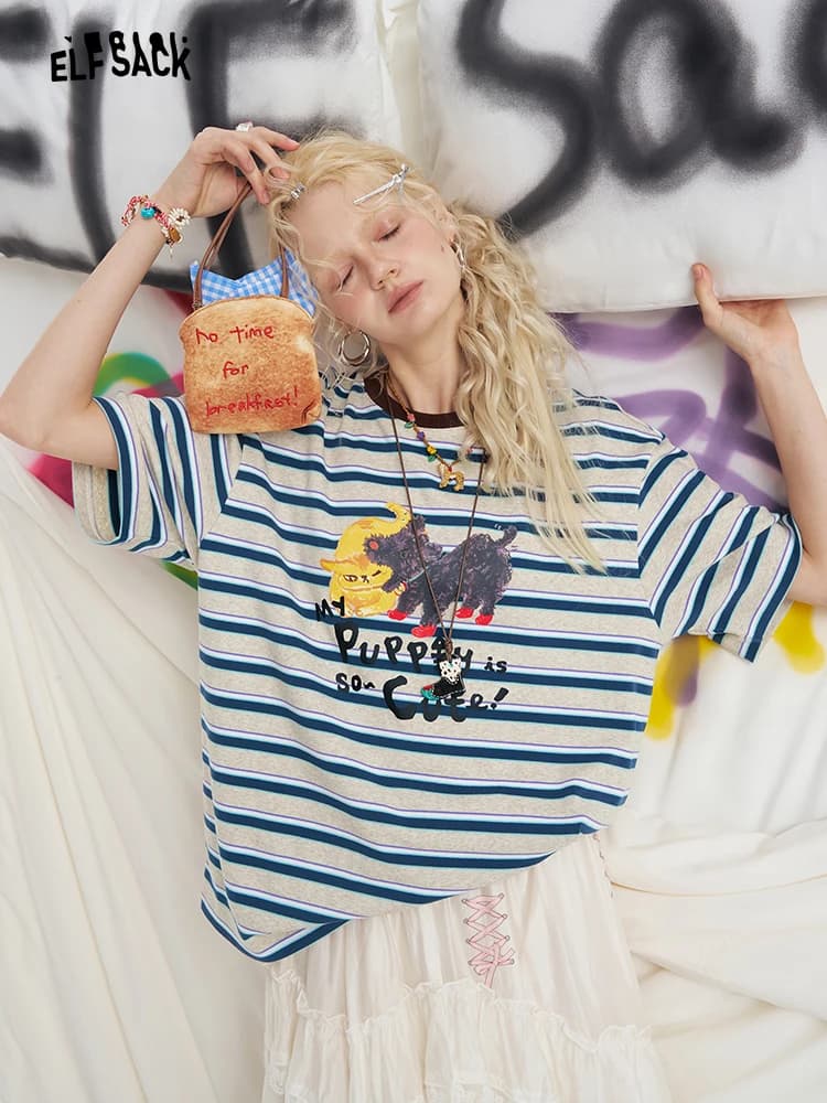 T-shirt Casual da Donna a Maniche Corte con Stampa Estiva, Top Snellente con Motivo Nautico Sweetheart Elf Sack, Moda Femminile