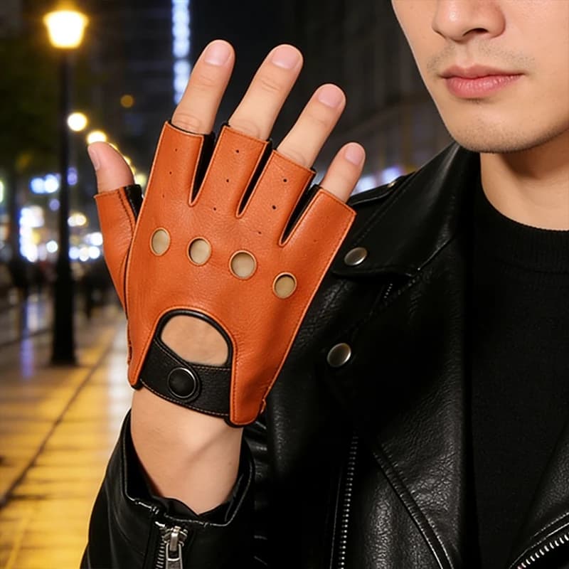 Men's Half-Finger Top-Layer Goatskin Gloves Outdoor Cycling Motorcycle Camping Genuine Leather Half-Finger Lightweight Breathable Gloves