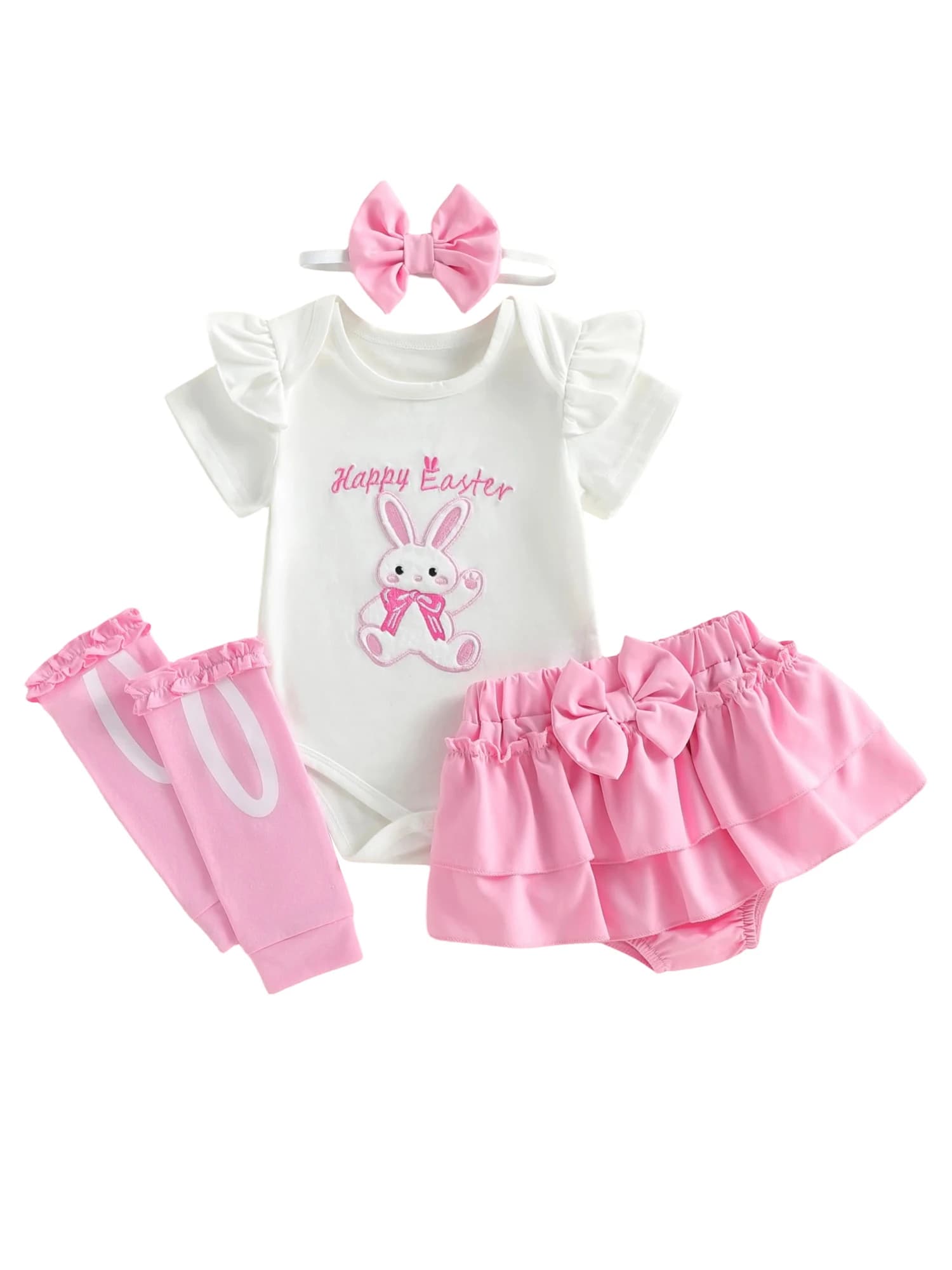 Completo pasquale da bambino per bambino, camicia a maniche corte coniglietto, pantaloncini con bretelle, papillon e calzini, set primaverile da 4 pezzi per ragazzi