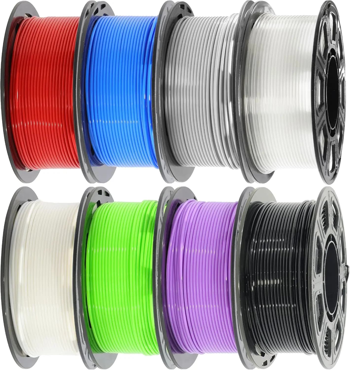 Filamento PLA per Stampante 3D, Confezione da 8 Bobine da 1,75mm, 2kg Totali, Bianco/Nero/Trasparente/Grigio Chiaro/Blu/Rosso/Verde/Viola, Facile da Stampare