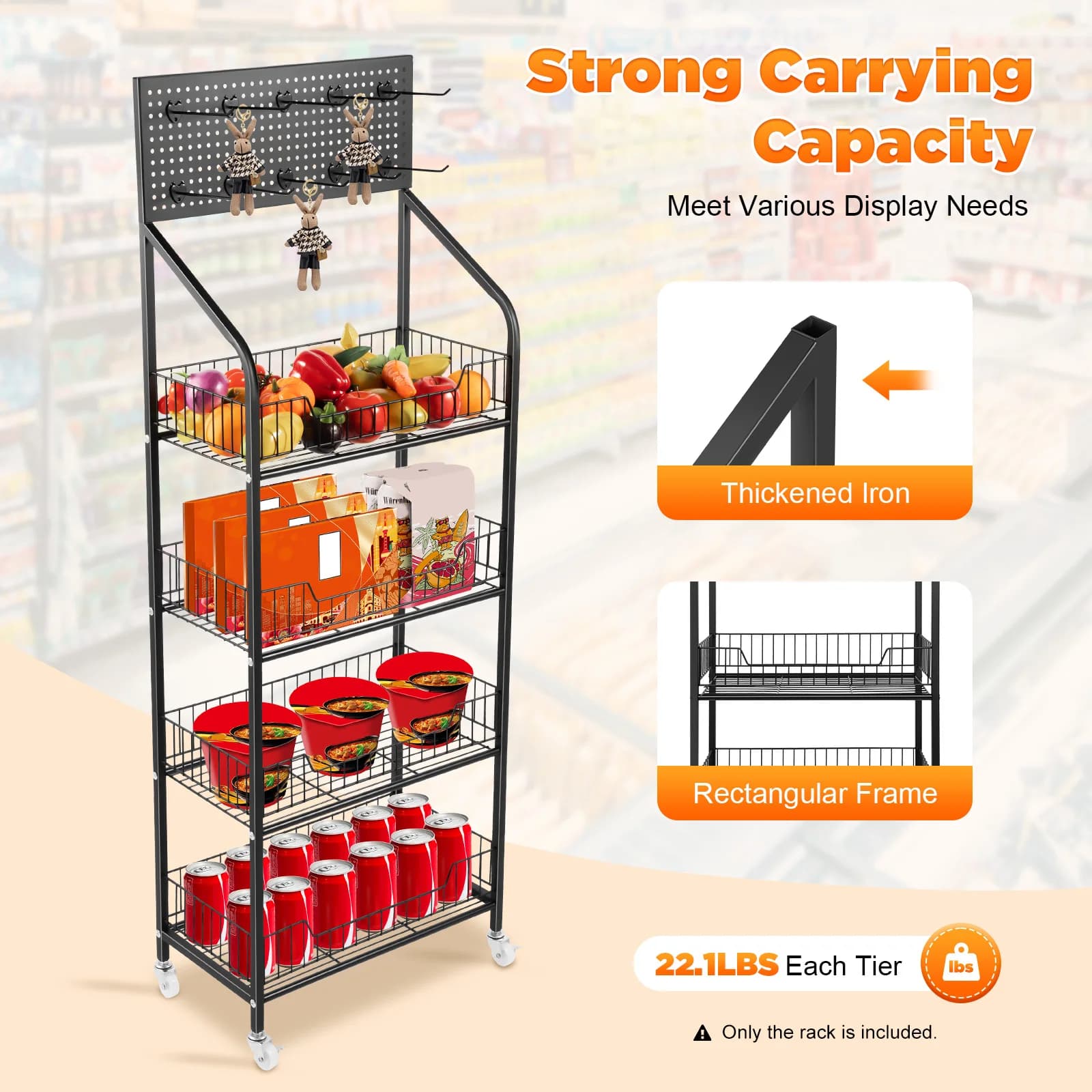 Espositore a 4 livelli per negozi, scaffale in ferro per snack, espositore per merci con 4 ruote per casa, supermercati, negozi