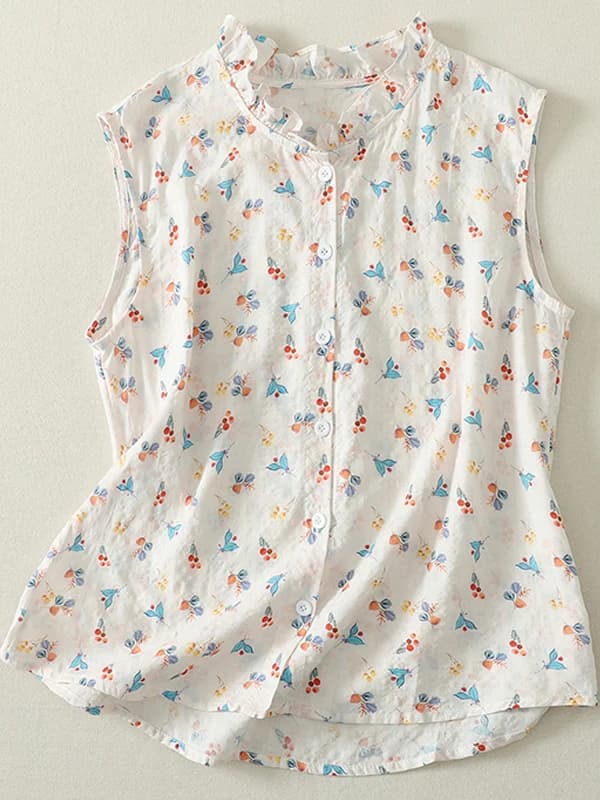 Retro Chinese Style Floral Print Sleeveless Shirt Women's Large Size Gourmet Cap Collar Artistic Temperament Blouse