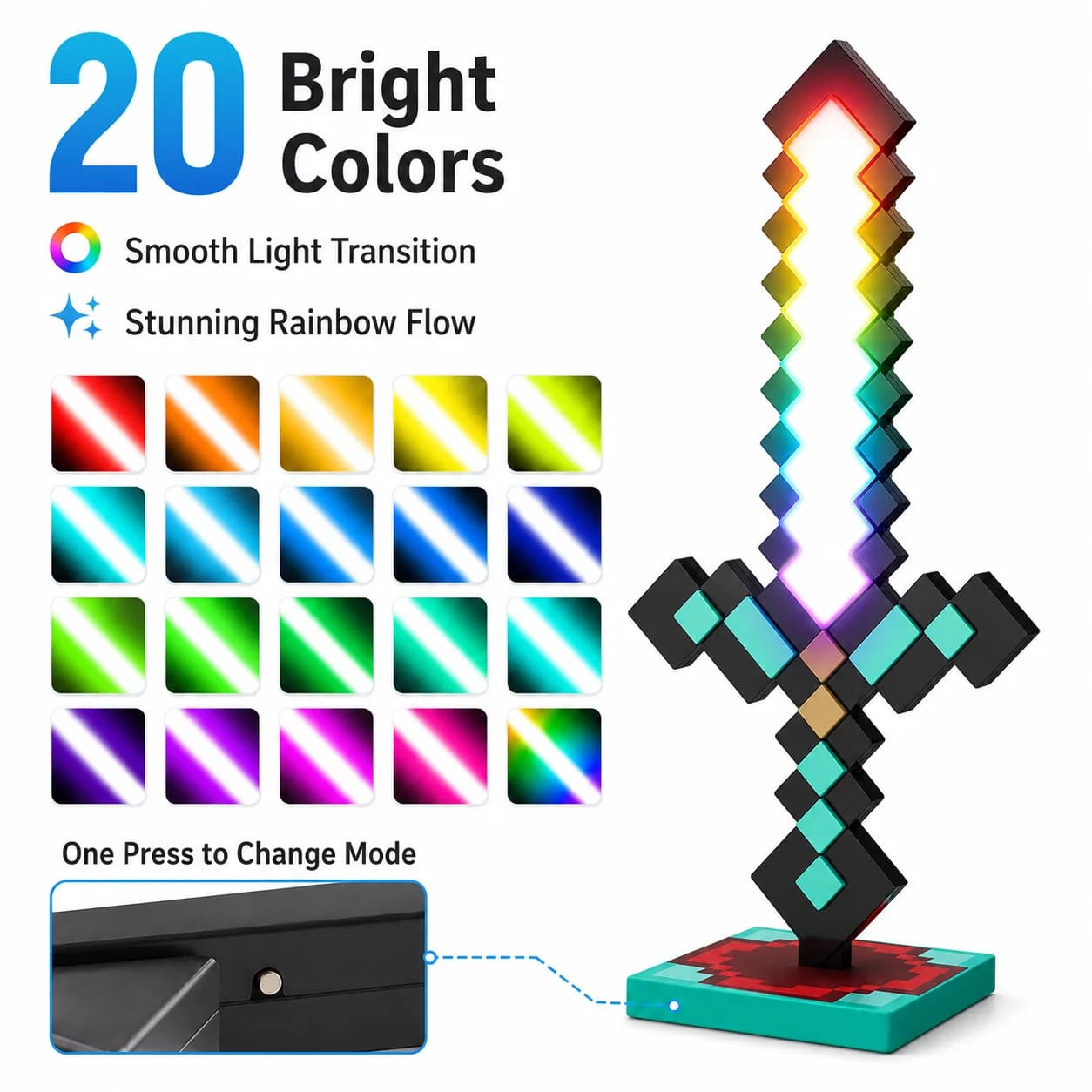 Pixel Sword LED night light toy, multi-color glowing sword, rechargeable/battery version, bedside lamp decoration