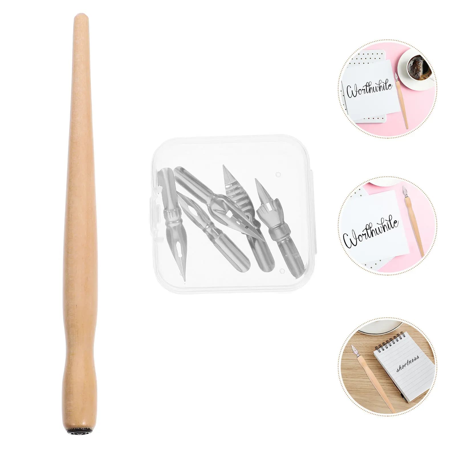 1Set Wood Steel Calligraphy Dip Pen Set Bent Tip Interchangeable Nibs Pen Rod for Hand Lettering Drawing Signature Practice