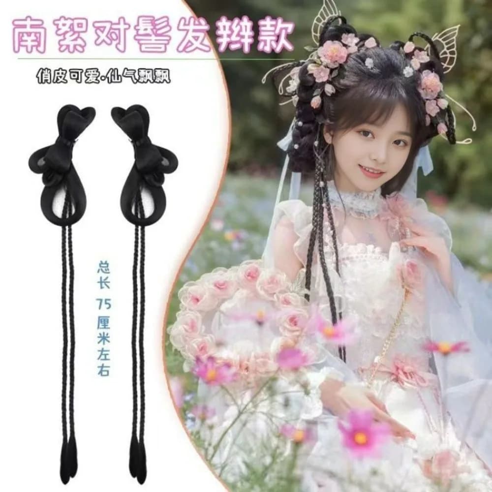 Princess Style Hair Set - Ready-to-Wear Double Buns with Bow & Flowers ‌Clip-on Ancient Chinese Costume Accessories
