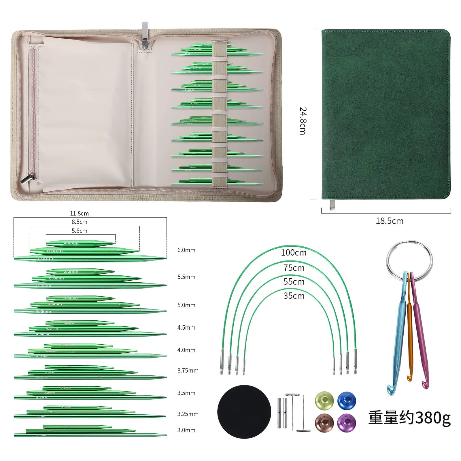 Green Circular Knitting Needle Set Aluminum Oxide Detachable Crochet Needles 5+8cm Circular Needle Set of 9 Knitting Tool Sets
