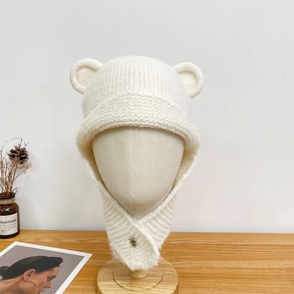 Korean Cute Bear Ear Knitted Cap Y2k Winter Autumn Warm Beanie Hats Soft Sweet Ear Protection Cap Girls