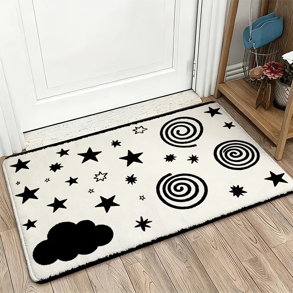 Decorative Star Swirl Spiral Pattern Door Mat Floor Mat Black White Entrance Rug for Home Decor 40x60cm