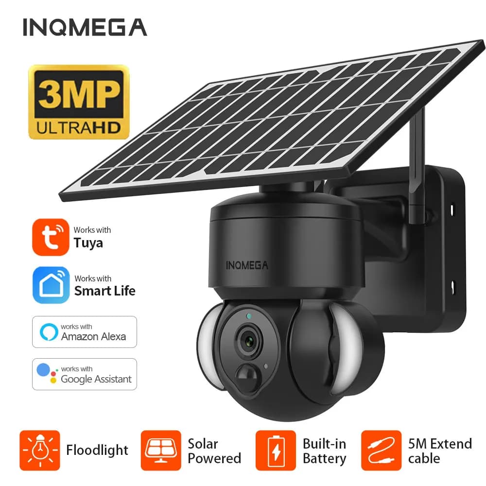 INQMEGA 3MP TUYA Solar Surveillance Camera Wireless External Camera Solar Panel with Battery included Outdoor WIFI Alelxa Cam