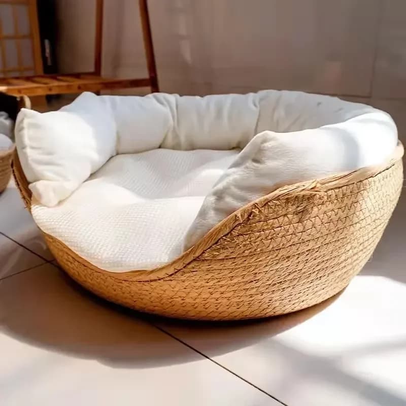 Four Season Cozy Nest Baskets Sleeping Bag Soft Cat Kennel Dog Beds Bamboo Weaving Waterproof Removable Cushion Design Pet