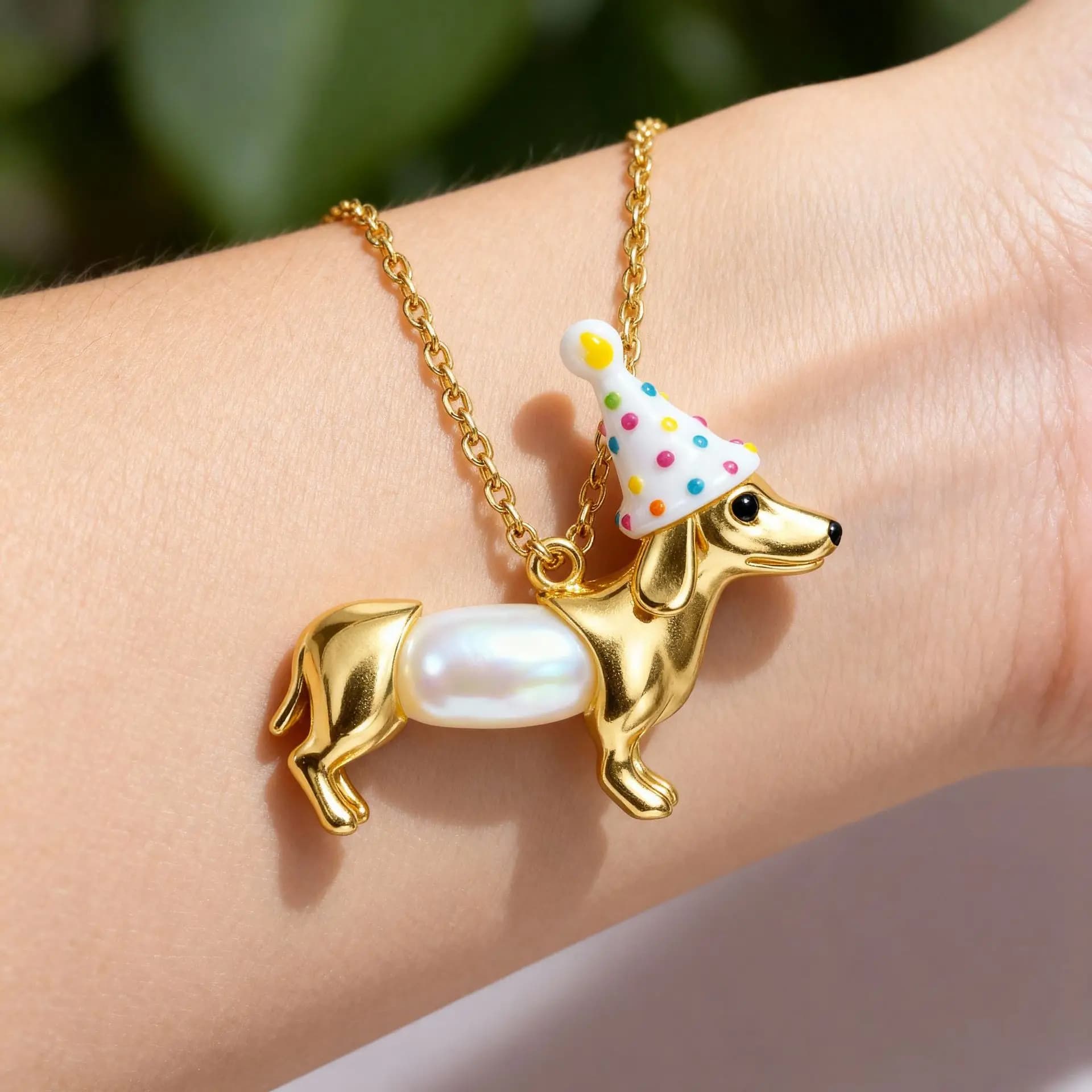 Cute Dachshund Necklace for Women, Gold Plated Sausage Dog Pendant with Imitation Pearl, Kawaii Puppy Jewelry Girl Birthday Gift