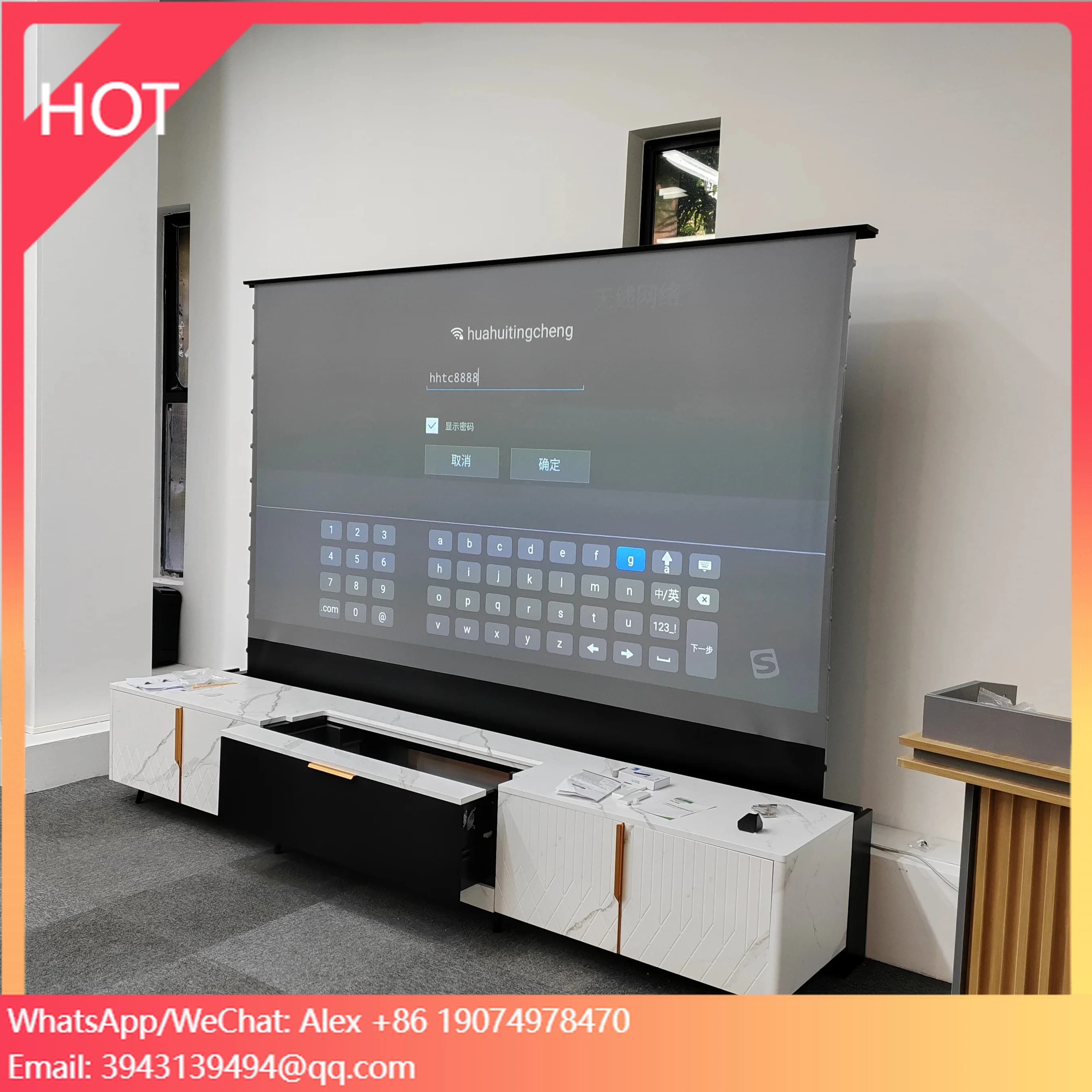 Proiettore laser Home Cinema a lancio ultra corto CBSP Schermo di proiezione motorizzato da 100 pollici con pavimento in aumento Clr Alr con armadio