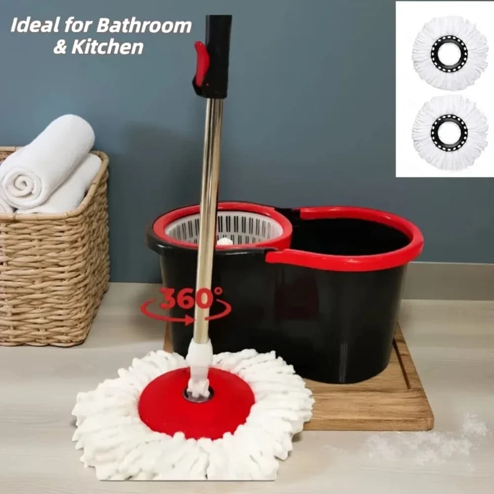 360 ° Set Secchio e Mop Girevole con Dispenser Sapone, 2 Testine in Microfibra Riutilizzabili, Manico in Acciaio Inossidabile da 155 cm per Pulizia Pavimenti