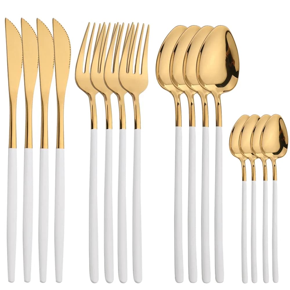 Set di posate da 16 pezzi, set di posate a specchio dorato, coltello, forchetta, cucchiaio, posate in acciaio inossidabile, set di posate occidentali, set di posate da cucina.