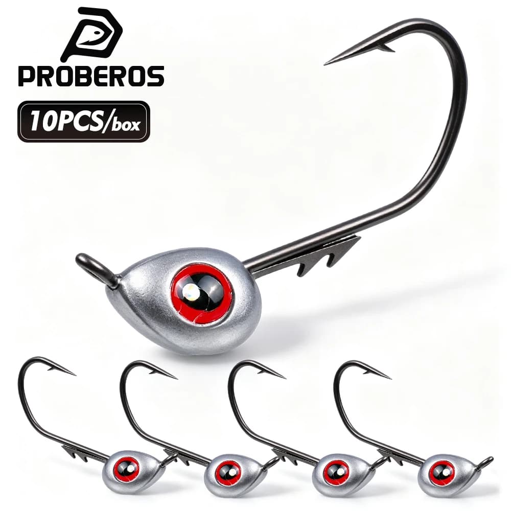 proberos 10PCS/BOX Jig Head Hooks Shank Barbed Root Ned Rig Big Fish Eye Fishing T-tail Soft Lure Kit Tackle Gear Fishhook