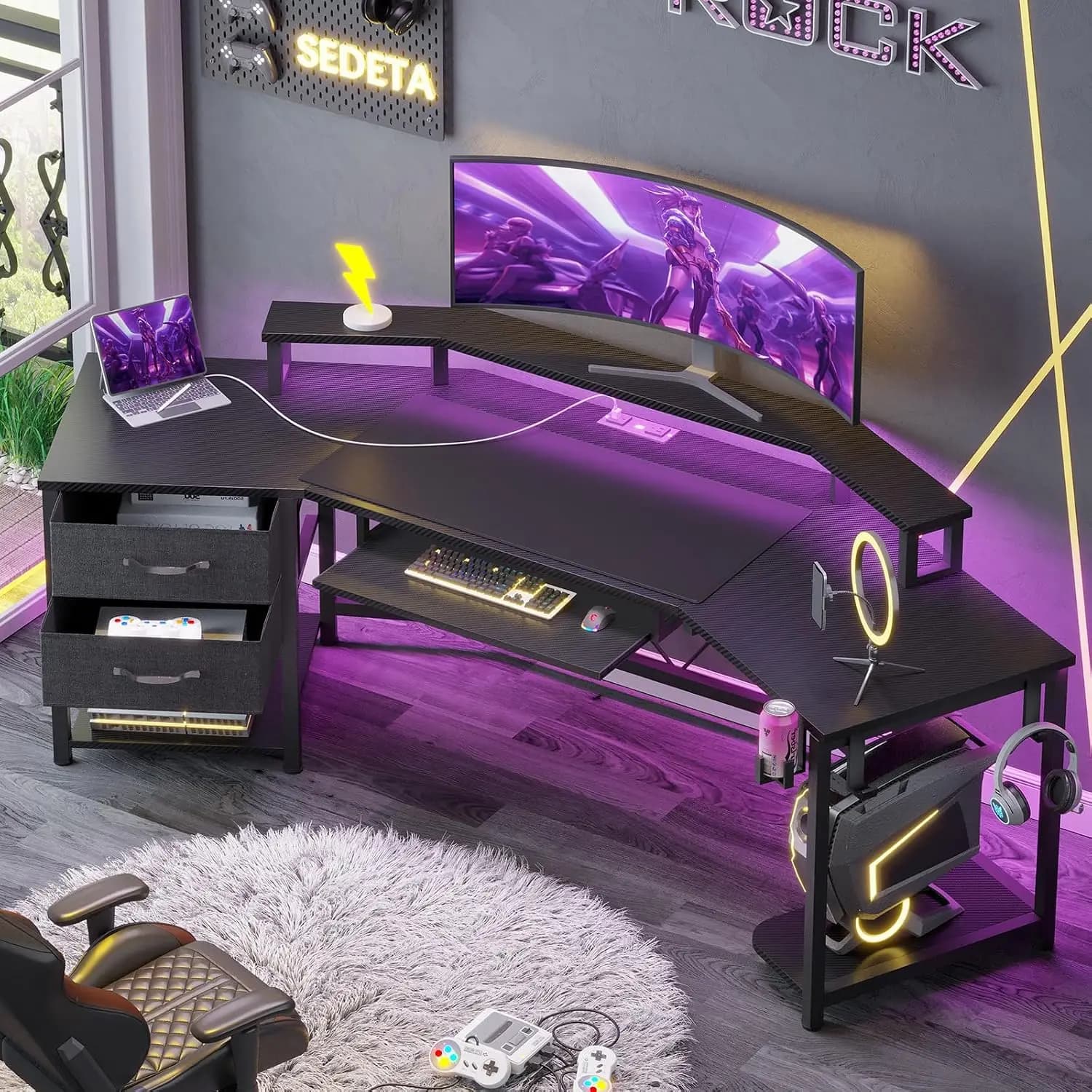 79" Gaming Desk with Drawers, LED Light & Power Strip, Monitor Stand, Keyboard Tray, CPU Shelf, Cup Holder, Hooks, Customized