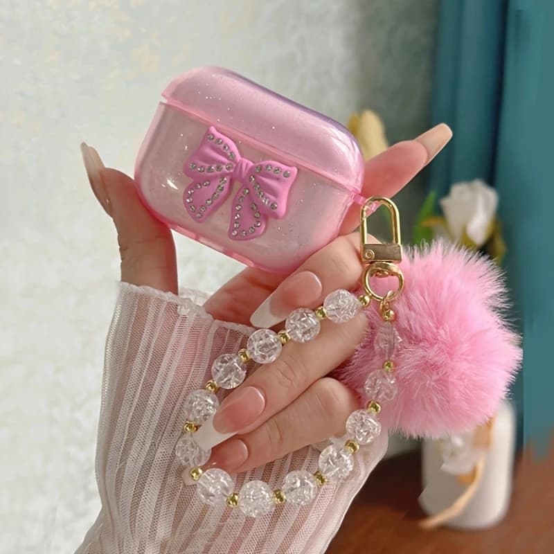 3D pink bow case for Airpods 1/2 protective case for wireless earphones for Airpods pro/pro2 case with Haieball chain