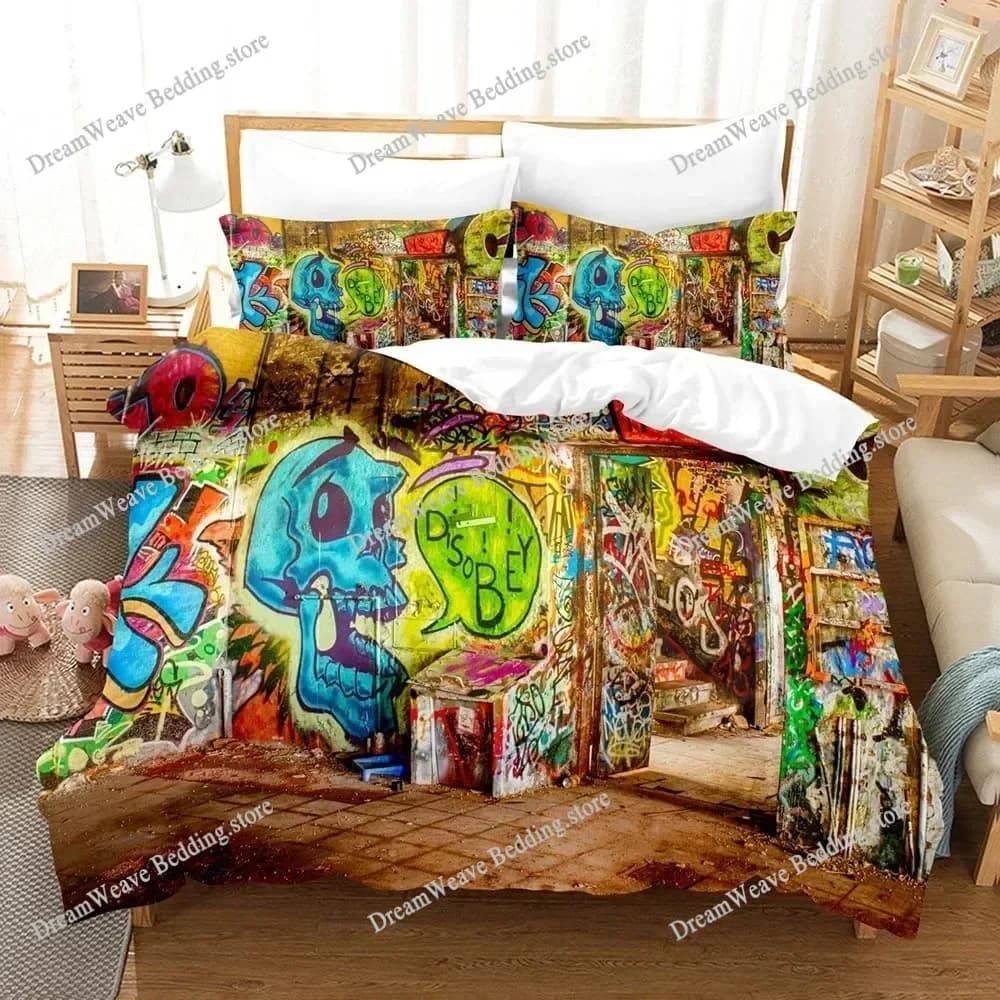 Graffiti Duvet Cover Set Youth Modern Wall Urban Street Art Painting Polyester King Queen Size Bedding Set with Pillowcases