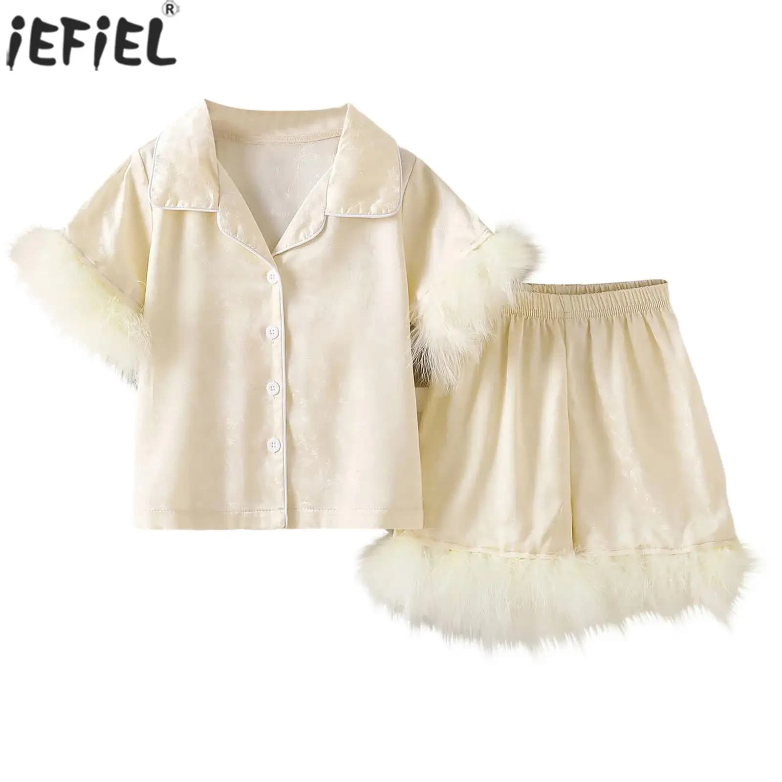Set pigiama in raso per bambine, maniche corte, con bottoni e finiture in piume, camicia jacquard con pantaloncini, pigiama per bambini, abbigliamento da casa