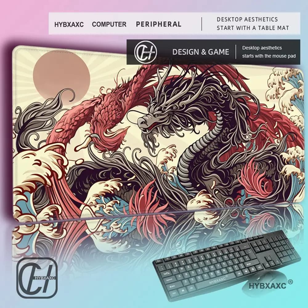 HYBXAXC Gaming Mousepad Japanese Art Dragon MouseMat Rubber Base Mouse Pad Black Deskpad Speed Non-slip Mats