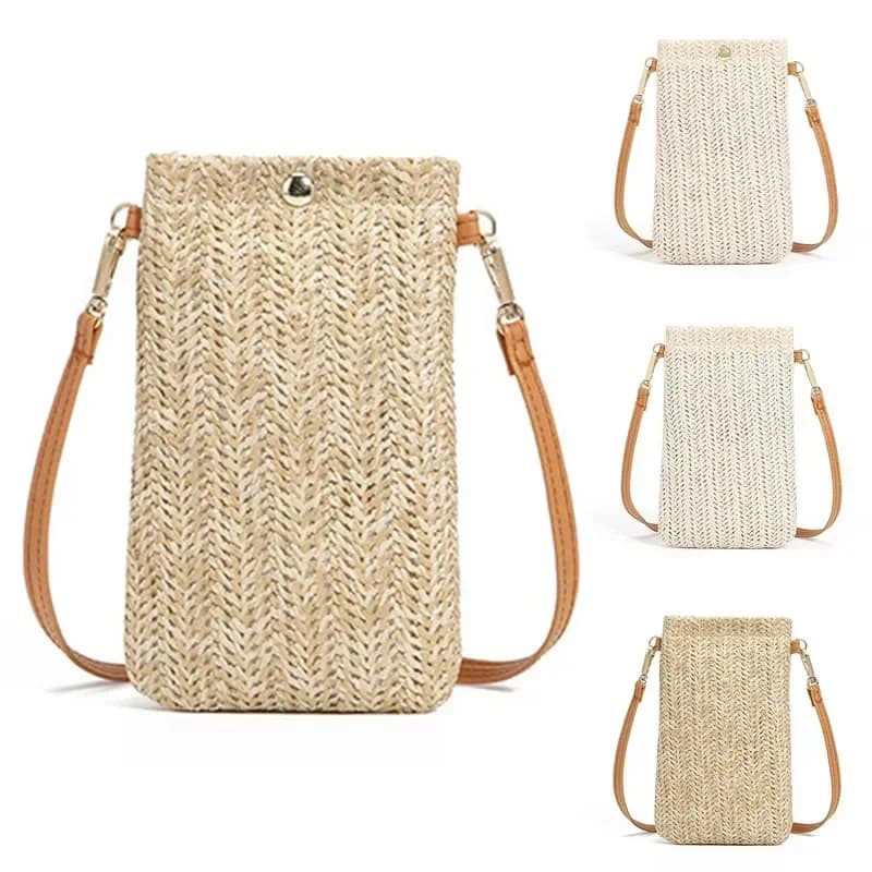 Wallet Women Diagonal Straw Woven Mobile Phone Clutch Bag Ladies Purse Summer Beach Travel Female Mini Purse Card Holder