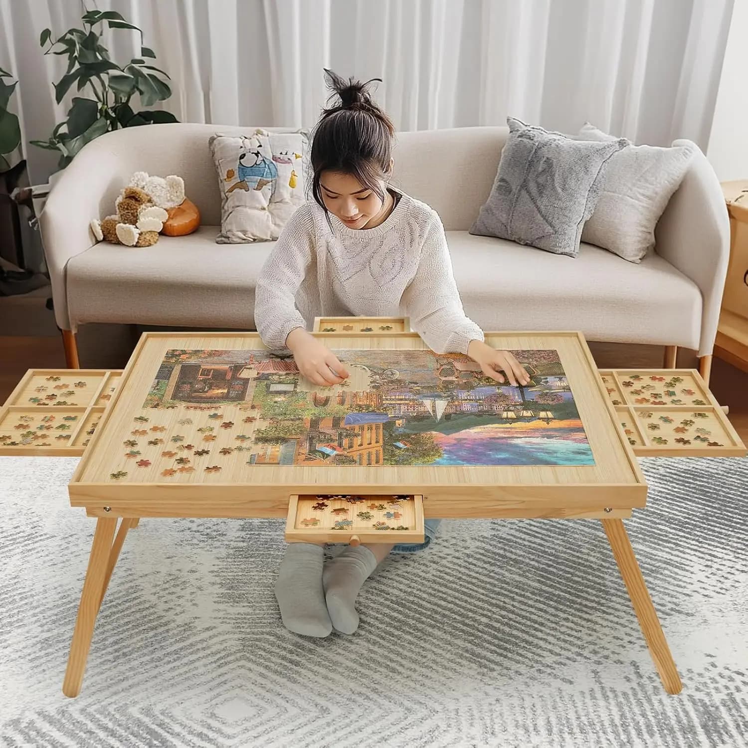 Tavolo Pieghevole in Legno per Puzzle con 4 Cassetti e Copertura, Pannello per 1500 Pezzi per Adulti
