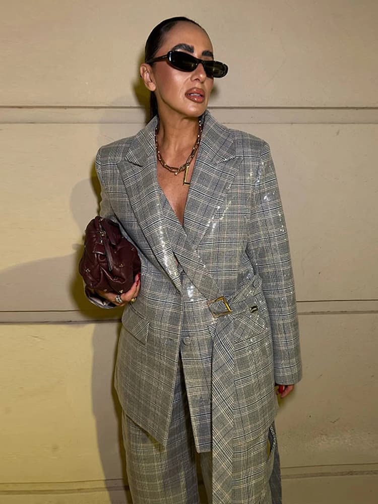 Women's suit with Blazer in Righe with Paillettes, Long sleeves, Belt, Monopetto, Gamba Larga pants, Female Officewear 2026