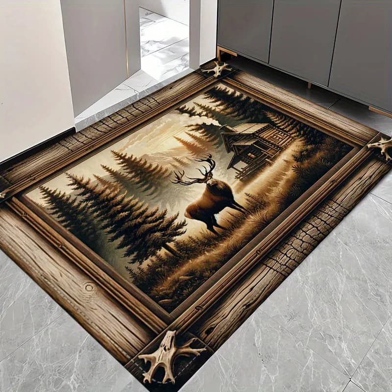 Anti-slip carpet with reindeer, design for forest cabin, mat, edge in wood veins, living room, bedroom, kitchen, laundry, office