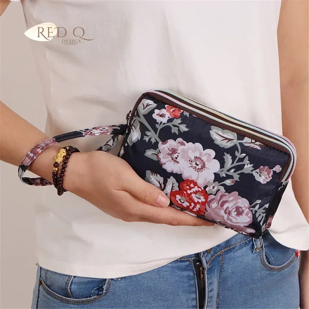 Borsa da polso lunga da donna con cerniera a tre strati, in nylon impermeabile, in tessuto stampato colorato, portamonete, porta cellulare, piccola pochette